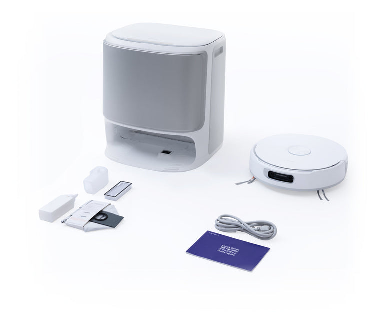Narwal Flow robot vacuum and mop with its docking station and full accessory kit displayed on a white background.