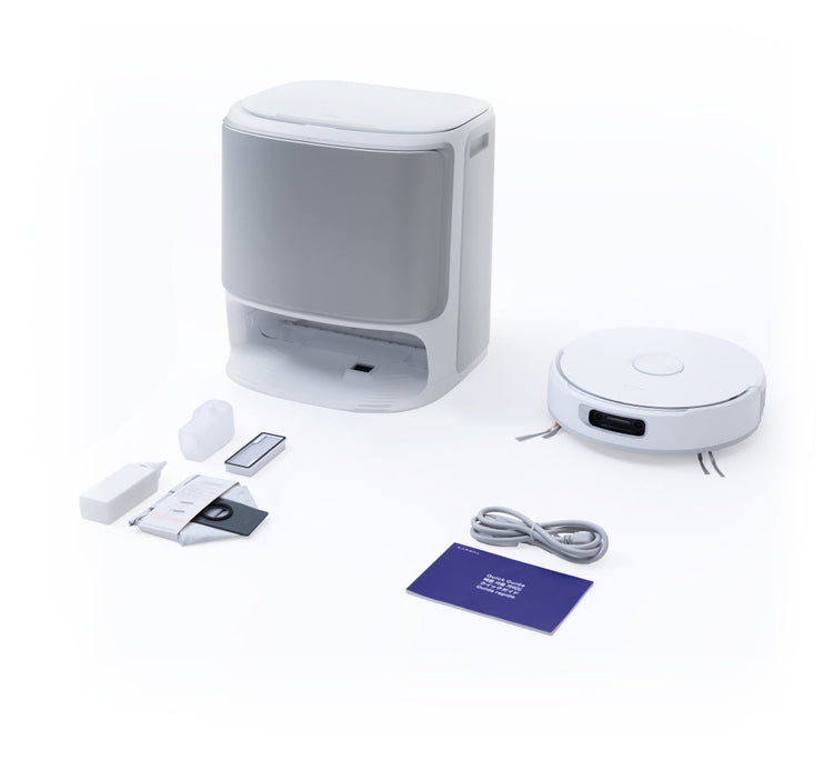 Narwal Flow robot vacuum and mop with its docking station and full accessory kit displayed on a white background.