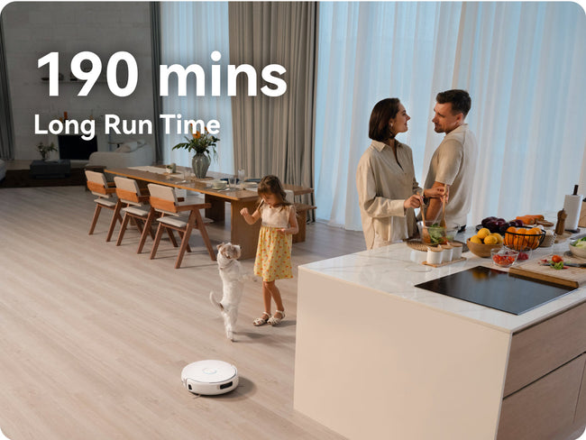 Family in a modern kitchen with Narwal Flow robot vacuum cleaner, emphasizing a long run time of 190 minutes.