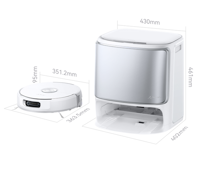 Narwal Flow white robot vacuum cleaner with dimensions labeled on a white background
