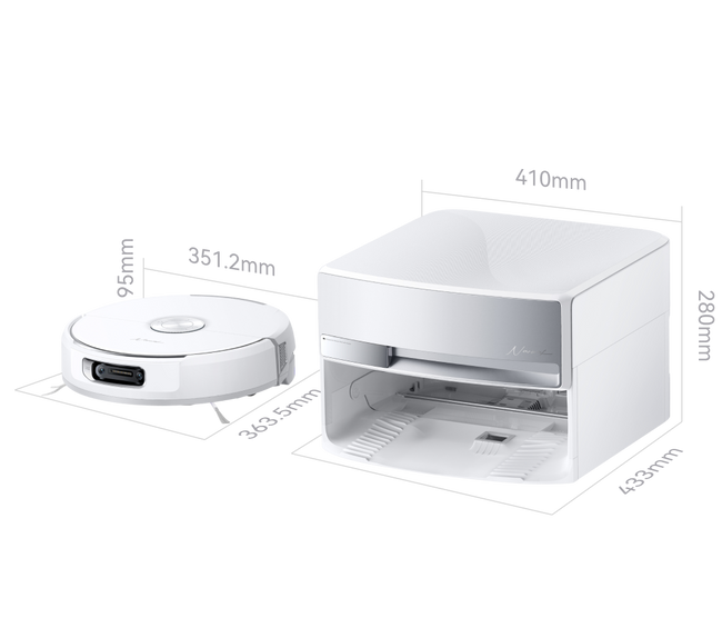 White robot vacuum cleaner with dimensions labeled on a white background