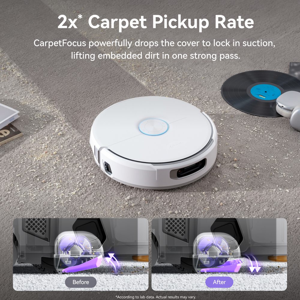 Robotic vacuum cleaner Narwal Flow on a carpet with text about its carpet pickup rate.