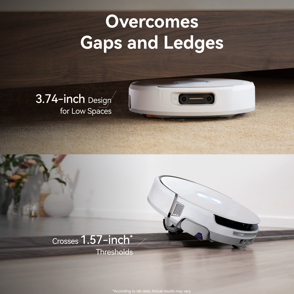 Robotic vacuum cleaner Narwal Flow overcoming gaps and thresholds with text on performance.