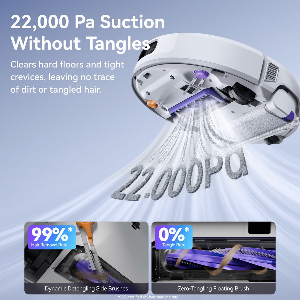 Robotic vacuum cleaner Narwal Flow with text highlighting suction power and cleaning features on a light blue background