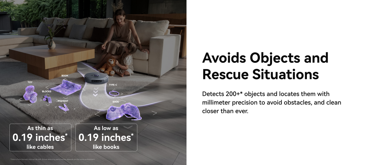 Narwal Freo Z10 Ultra robot vacuum and mop detecting over 200 objects with millimeter precision to avoid cables, toys, and hazards.