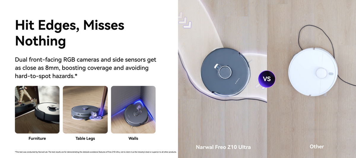 Narwal Freo Z10 Ultra robot vacuum and mop cleaning close to edges with RGB cameras, compared to another robot missing obstacles.