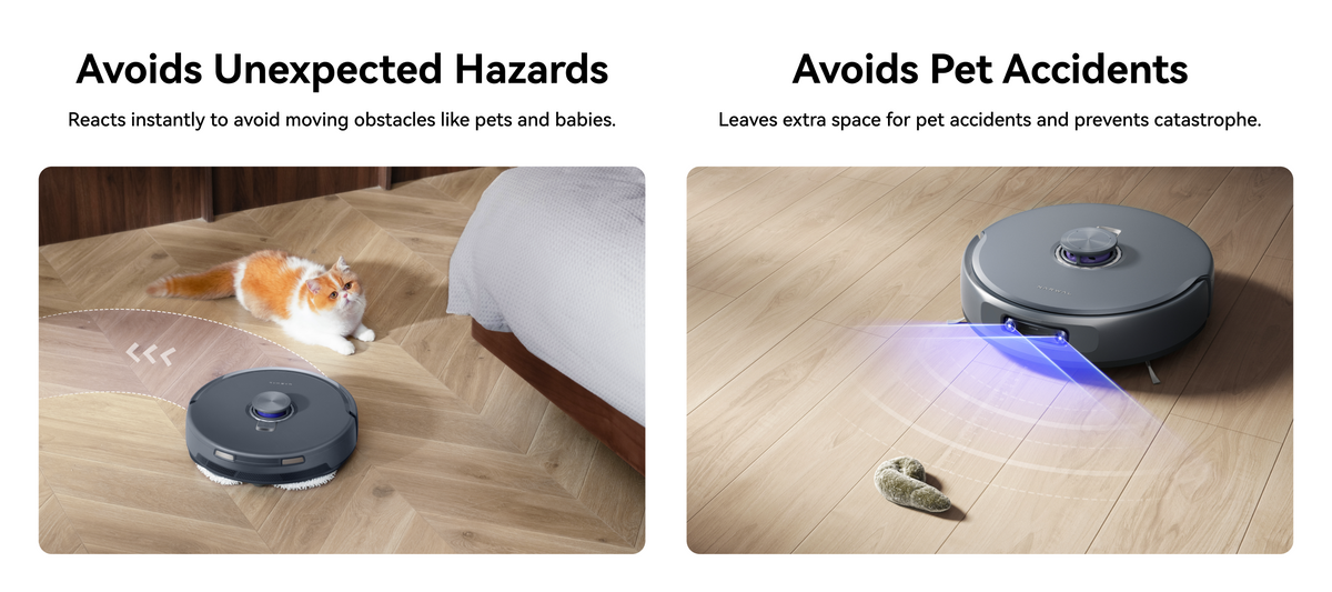 Narwal Freo Z10 Ultra robot vacuum and mop avoiding moving pets and detecting pet accidents with smart hazard-recognition sensors.