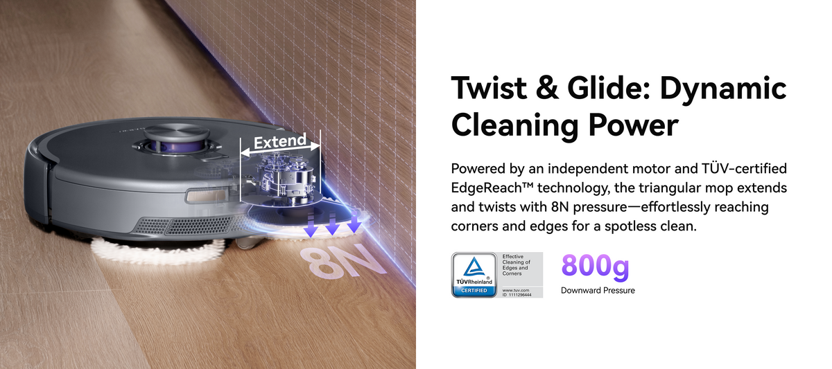 Narwal Freo Z10 Ultra robot vacuum and mop extending triangular mop with 8N pressure for deep corner and edge cleaning.