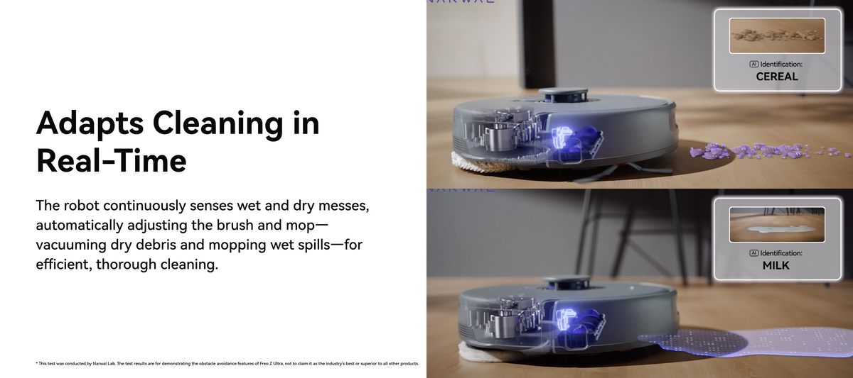 Narwal Freo Z10 Ultra robot vacuum and mop identifying dry and wet messes like cereal and milk for automatic cleaning adjustment.