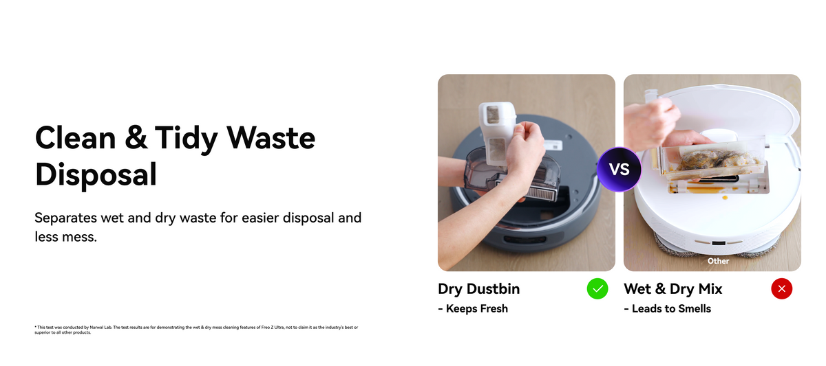 Narwal Freo Z10 Ultra robot vacuum and mop separating dry waste for clean disposal compared with mixed wet-dry bin of other robots.