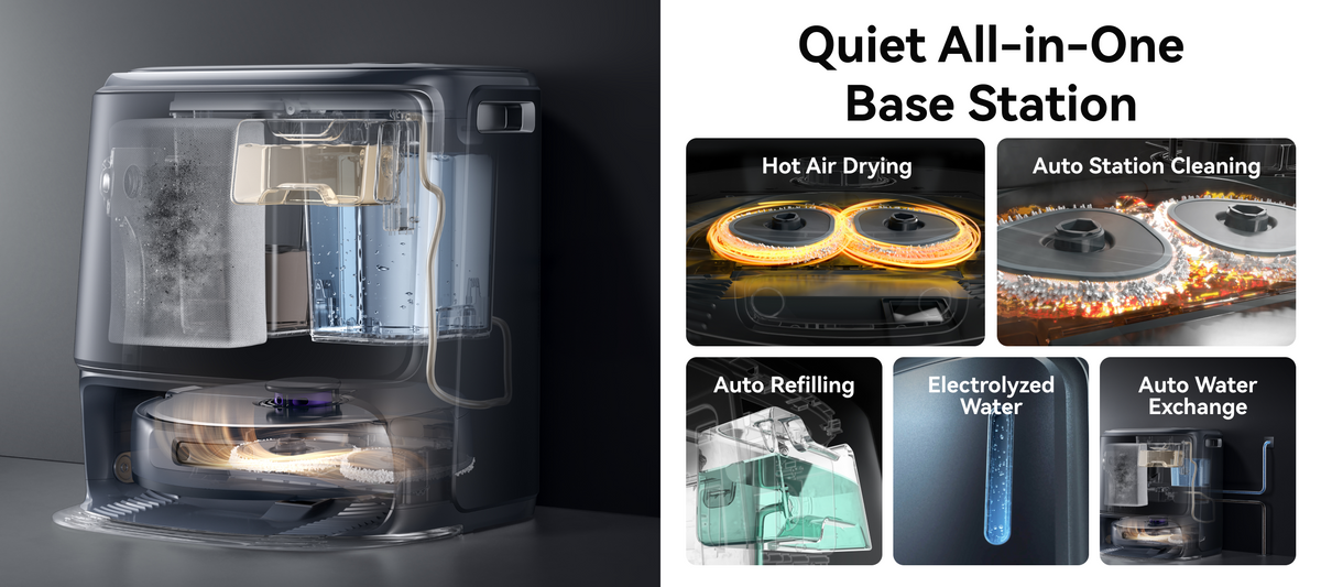 Narwal Freo Z10 Ultra robot vacuum and mop base station with hot air drying, auto cleaning, refilling, and water exchange features.