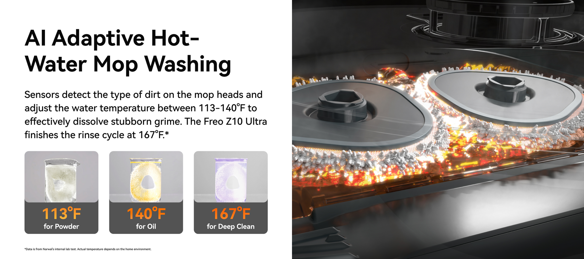 Narwal Freo Z10 Ultra robot vacuum and mop washing mops with AI-adjusted hot water from 113°F to 167°F to remove stubborn grime.
