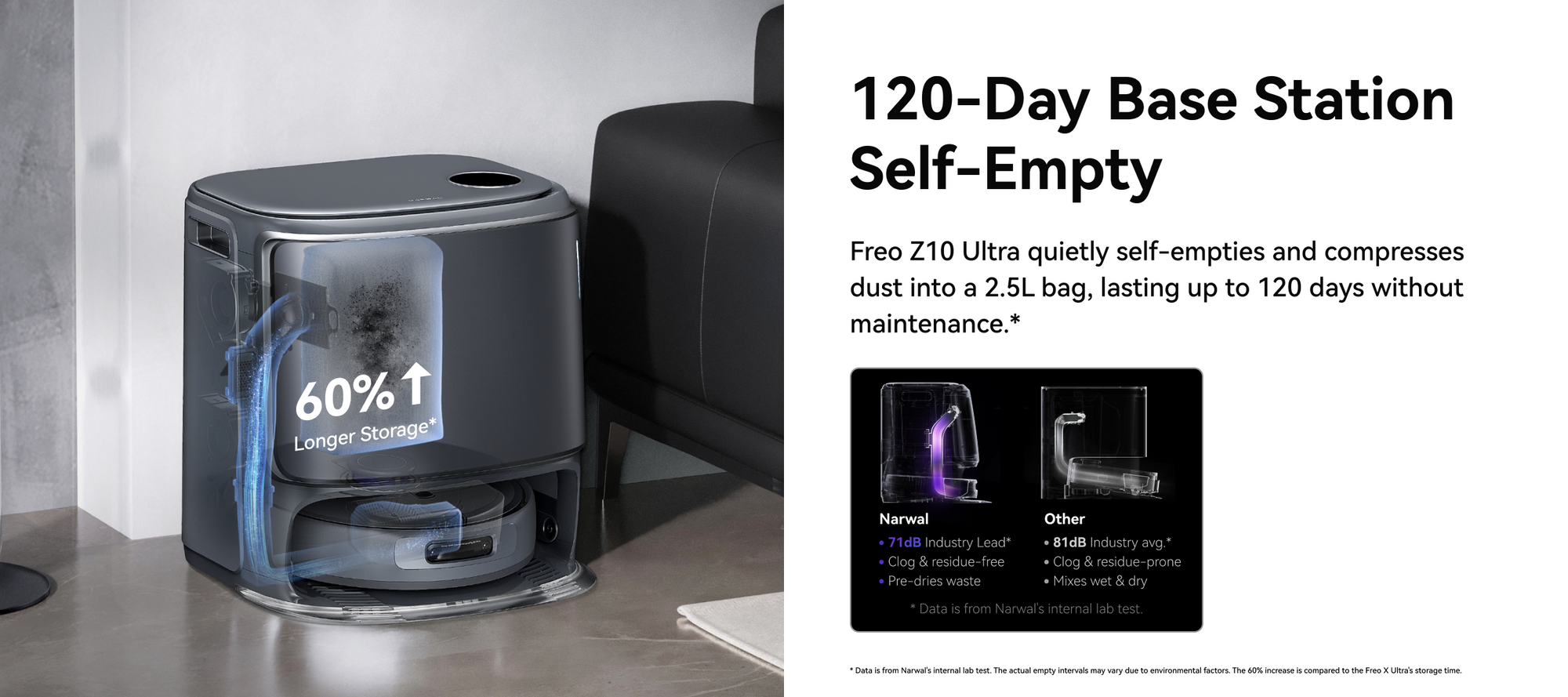 Narwal Freo Z10 Ultra robot vacuum and mop auto-emptying into 2.5L bag for up to 120 days of maintenance-free cleaning.