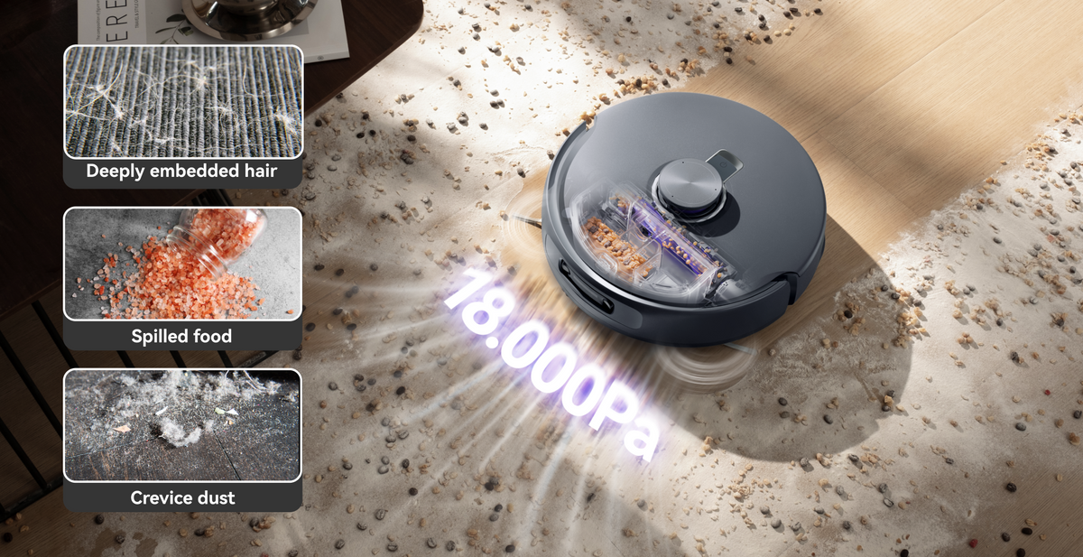 Narwal Freo Z10 Ultra robot vacuum and mop using 18,000Pa suction to remove embedded hair, spilled food, and crevice dust.