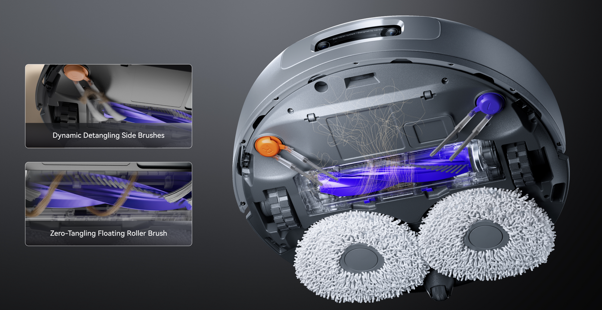 Underbody view of Narwal Freo Z10 Ultra robot vacuum and mop showing DualFlow tangle-free brushes preventing hair entanglement.