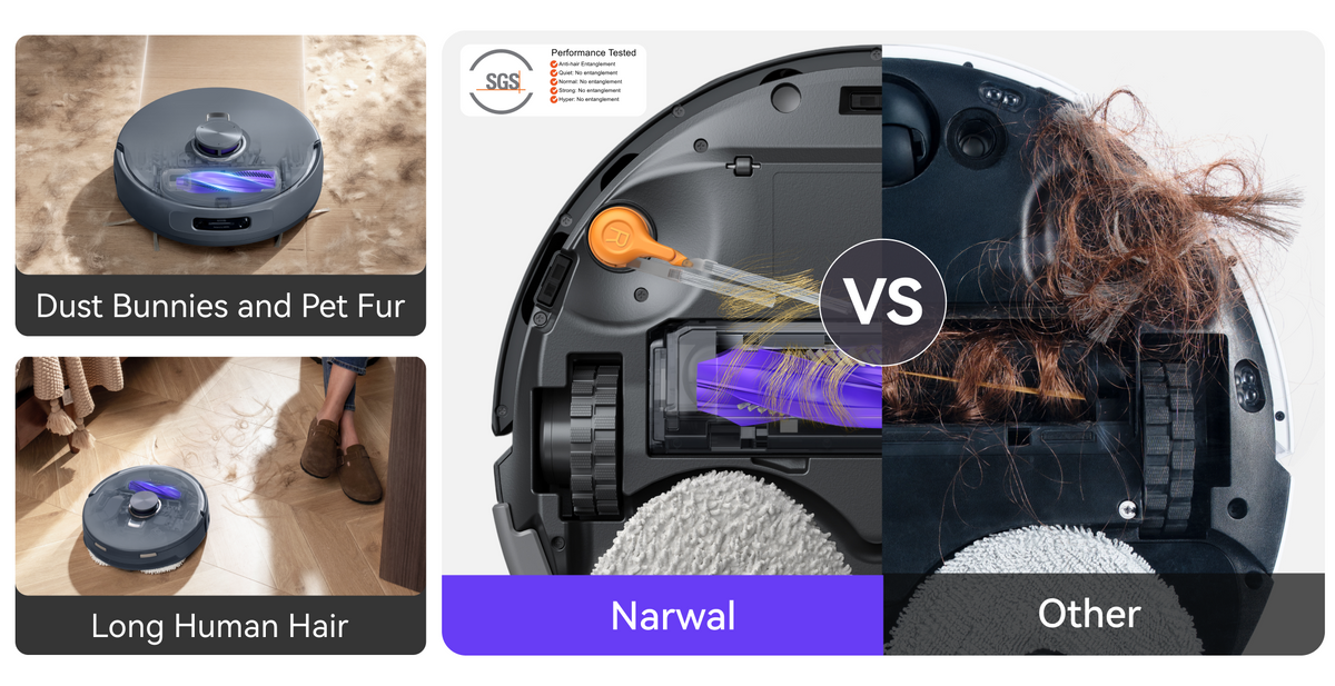 Narwal Freo Z10 Ultra robot vacuum and mop releasing long hair and pet fur into the dustbin compared to another tangled brush.