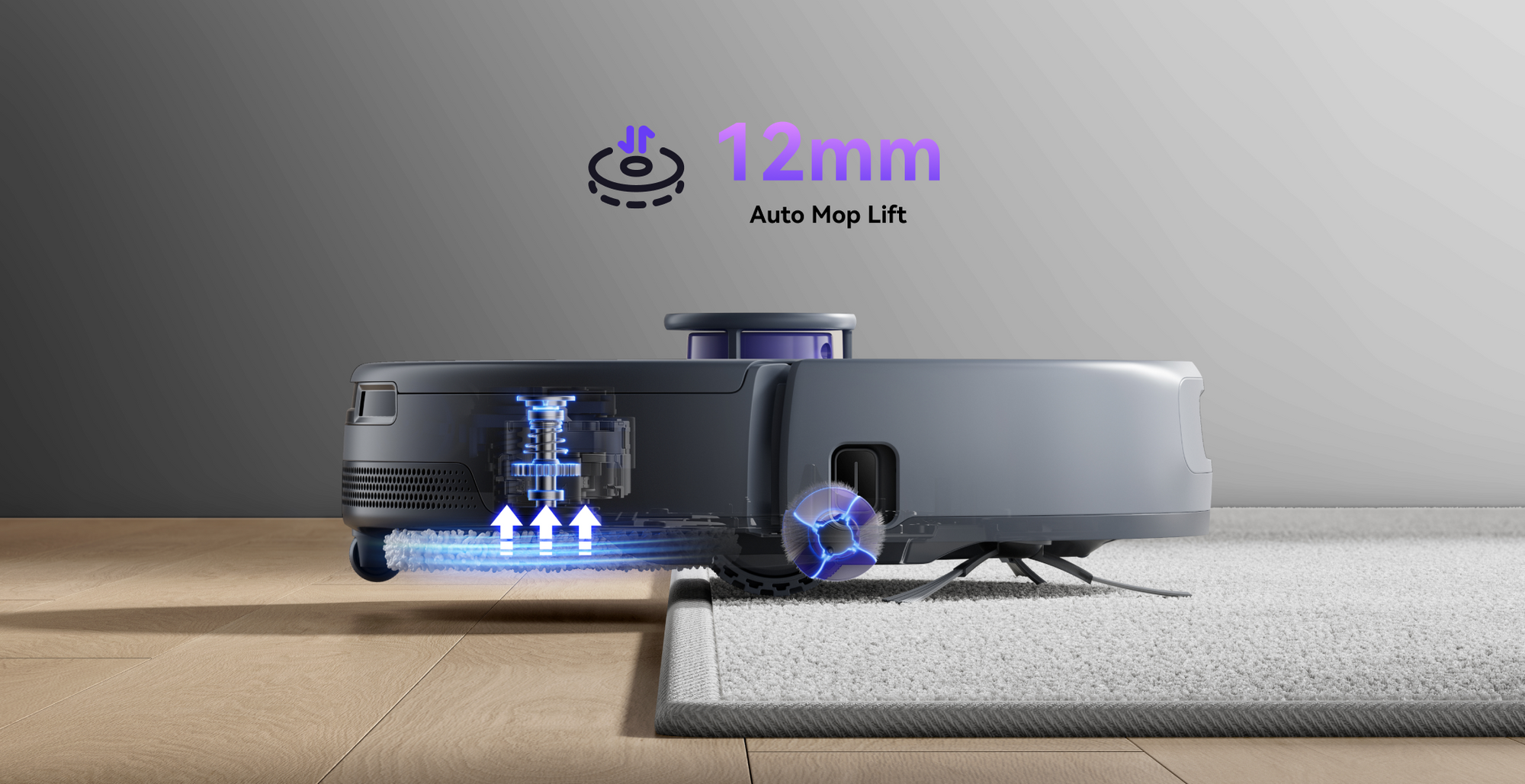 Narwal Freo Z10 Ultra robot vacuum and mop lifting mop 12mm and boosting suction to clean debris embedded deep in carpets.