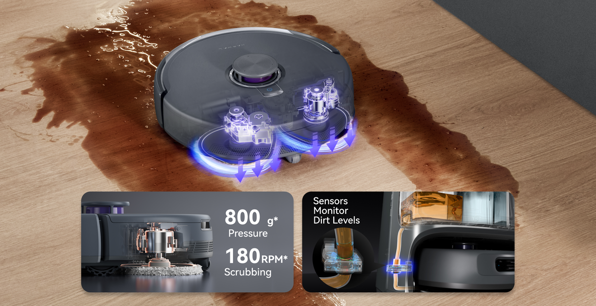 Narwal Freo Z10 Ultra robot vacuum and mop scrubbing spills with dual mops, 800g pressure, and dirt sensors for spotless floors.