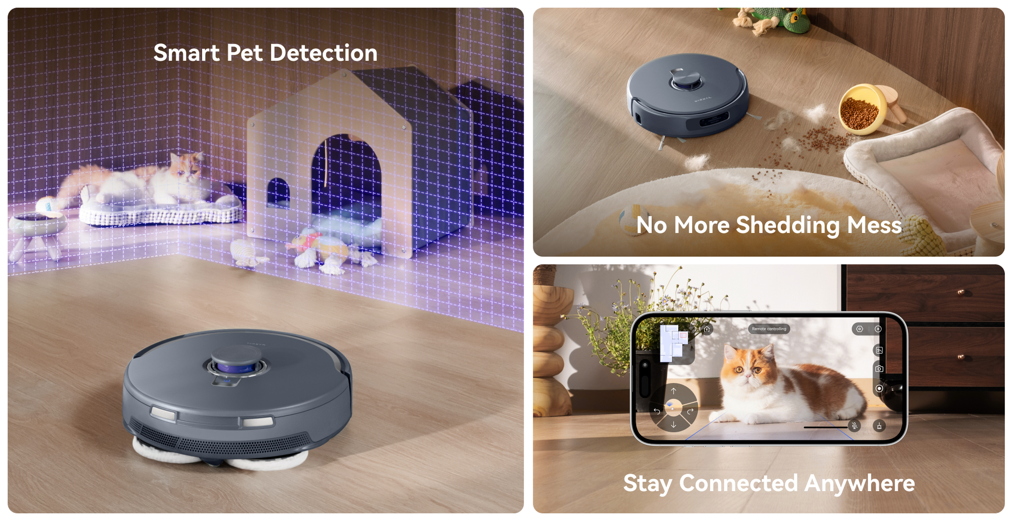 Narwal Freo Z10 Ultra robot vacuum and mop detecting pets, cleaning shedding messes, and streaming live camera view to phone.