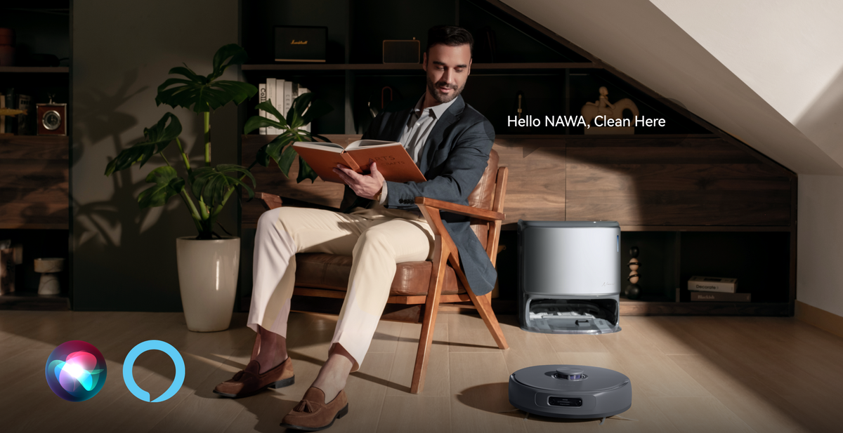 Narwal Freo Z10 Ultra robot vacuum and mop responding to voice commands through smart assistants next to base station.