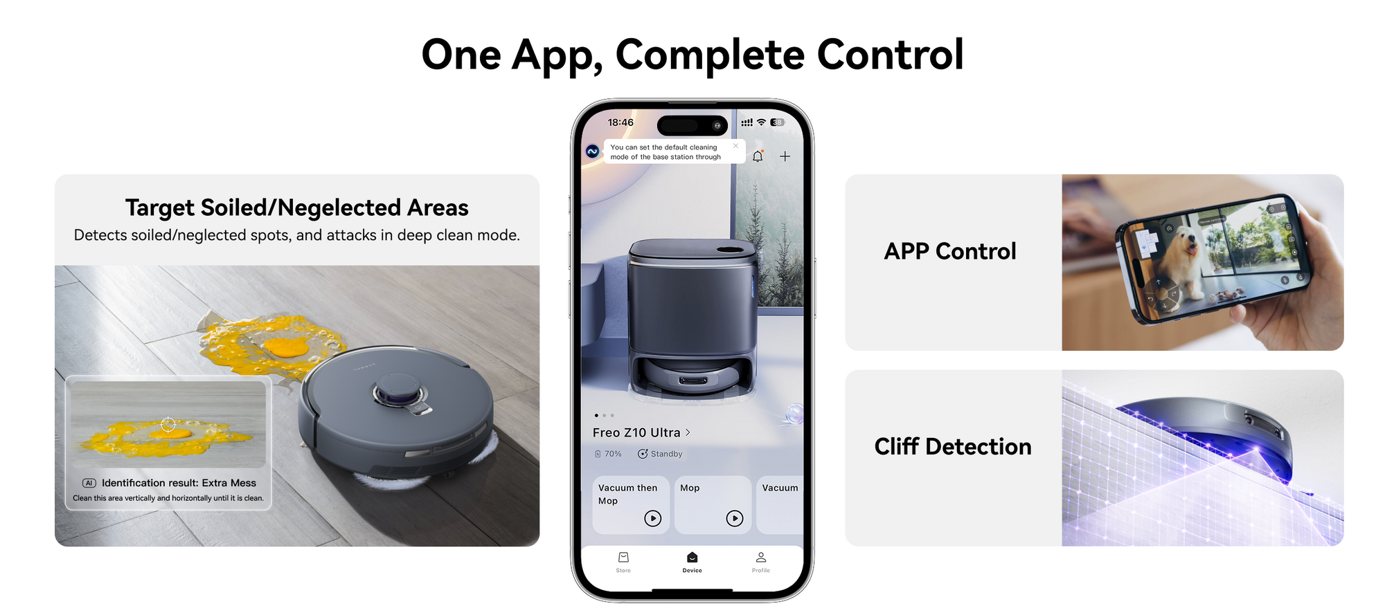 Narwal Freo Z10 Ultra robot vacuum and mop app managing deep-clean targets, pet monitoring, and cliff detection features.