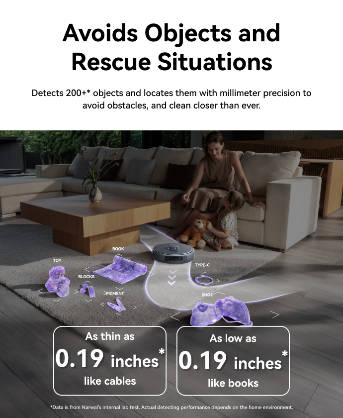 Narwal Freo Z10 Ultra robot vacuum and mop detecting over 200 objects with millimeter precision to avoid cables, toys, and hazards.