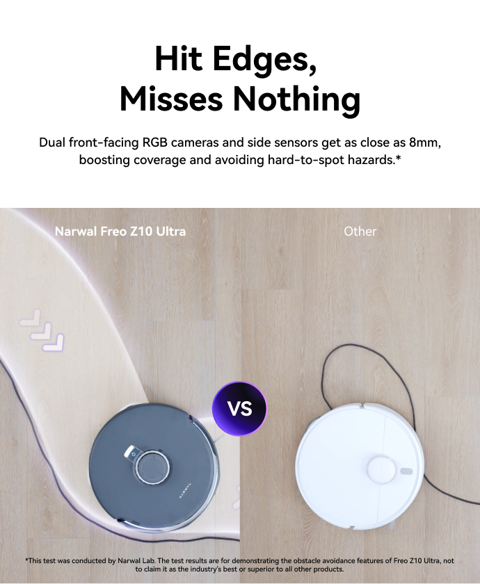 Narwal Freo Z10 Ultra robot vacuum and mop cleaning close to edges with RGB cameras, compared to another robot missing obstacles.