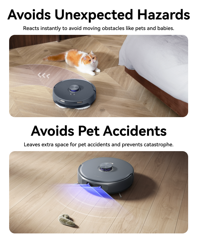Narwal Freo Z10 Ultra robot vacuum and mop avoiding moving pets and detecting pet accidents with smart hazard-recognition sensors.