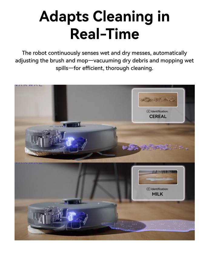 Narwal Freo Z10 Ultra robot vacuum and mop identifying dry and wet messes like cereal and milk for automatic cleaning adjustment.
