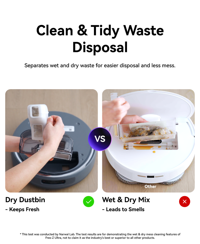 Narwal Freo Z10 Ultra robot vacuum and mop separating dry waste for clean disposal compared with mixed wet-dry bin of other robots.