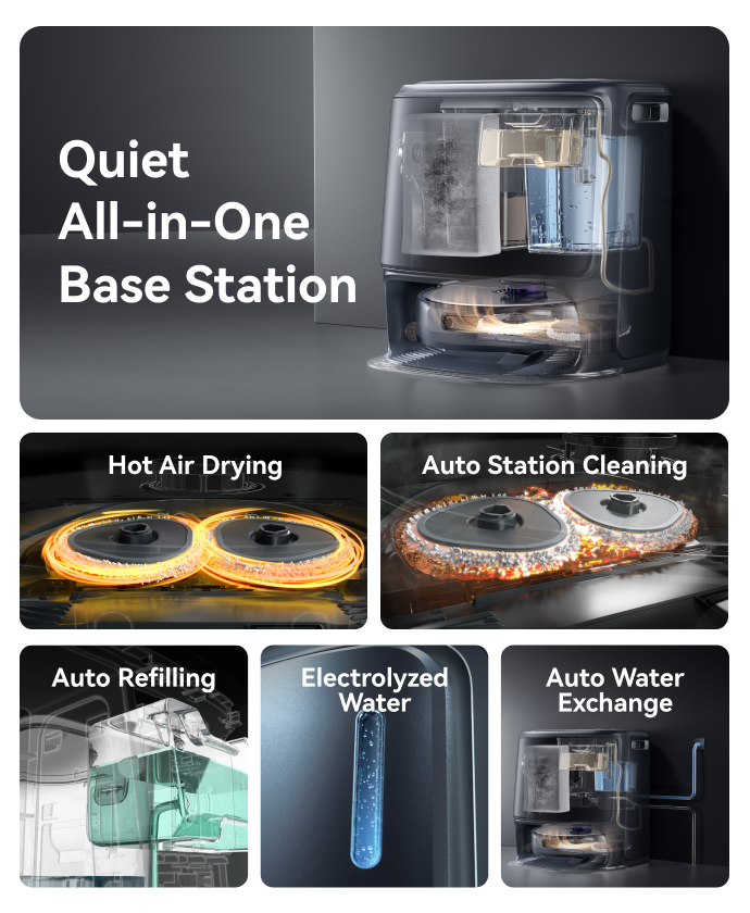 Narwal Freo Z10 Ultra robot vacuum and mop base station with hot air drying, auto cleaning, refilling, and water exchange features.