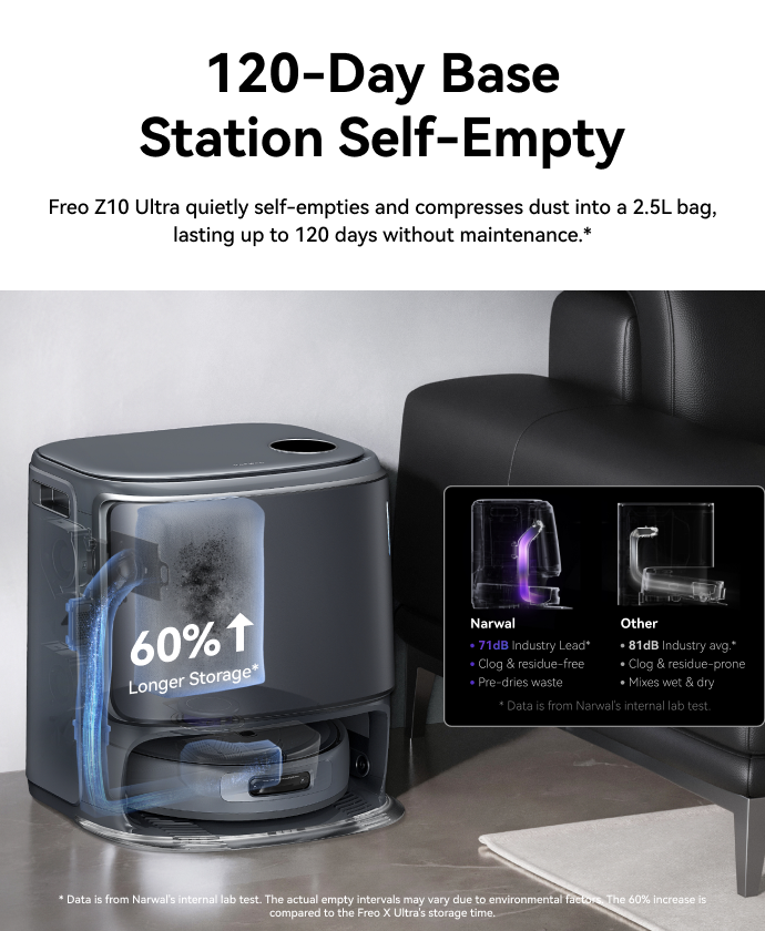 Narwal Freo Z10 Ultra robot vacuum and mop auto-emptying into 2.5L bag for up to 120 days of maintenance-free cleaning.
