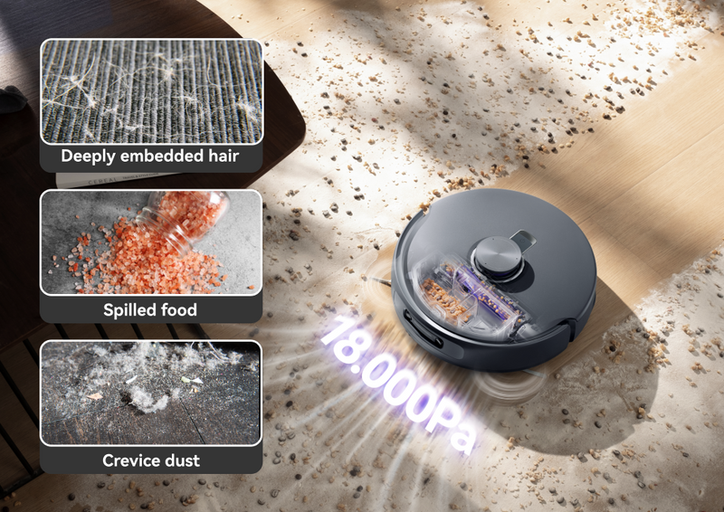 Narwal Freo Z10 Ultra robot vacuum and mop using 18,000Pa suction to remove embedded hair, spilled food, and crevice dust.
