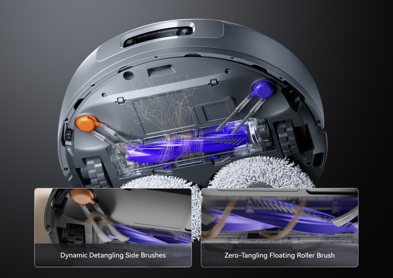 Underbody view of Narwal Freo Z10 Ultra robot vacuum and mop showing DualFlow tangle-free brushes preventing hair entanglement.