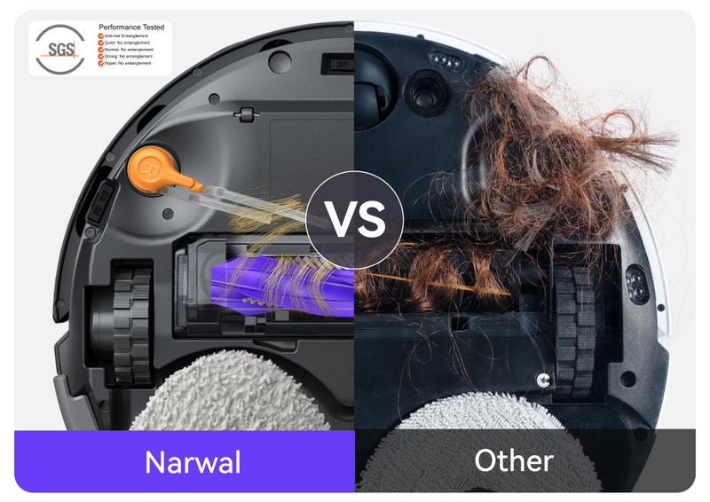 Narwal Freo Z10 Ultra robot vacuum and mop releasing long hair and pet fur into the dustbin compared to another tangled brush.