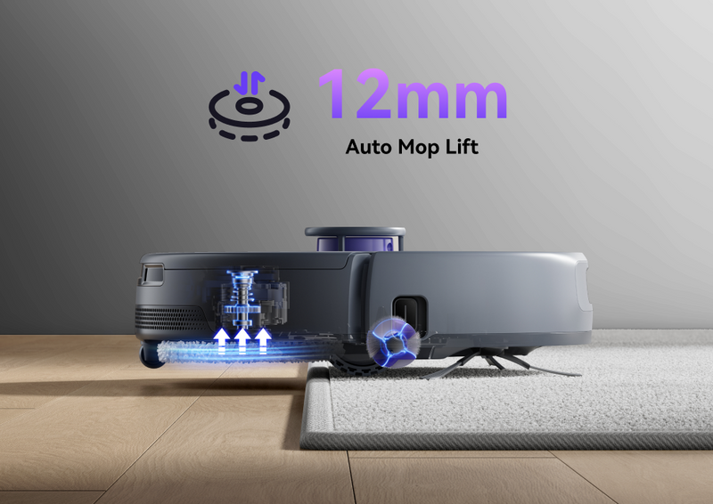 Narwal Freo Z10 Ultra robot vacuum and mop lifting mop 12mm and boosting suction to clean debris embedded deep in carpets.