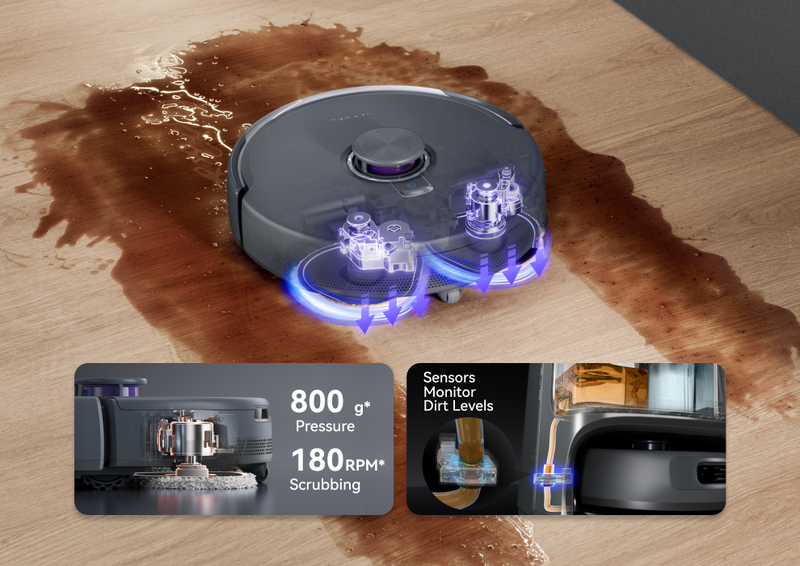 Narwal Freo Z10 Ultra robot vacuum and mop scrubbing spills with dual mops, 800g pressure, and dirt sensors for spotless floors.