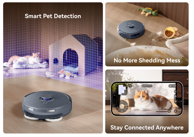 Narwal Freo Z10 Ultra robot vacuum and mop detecting pets, cleaning shedding messes, and streaming live camera view to phone.