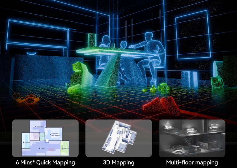 Narwal Freo Z10 Ultra robot vacuum and mop generating quick 3D home mapping with multi-floor detection and room visualization.