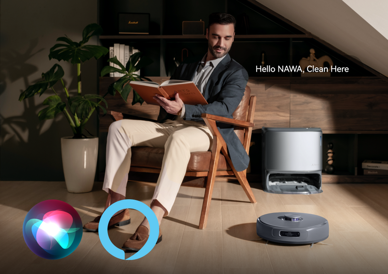 Narwal Freo Z10 Ultra robot vacuum and mop responding to voice commands through smart assistants next to base station.