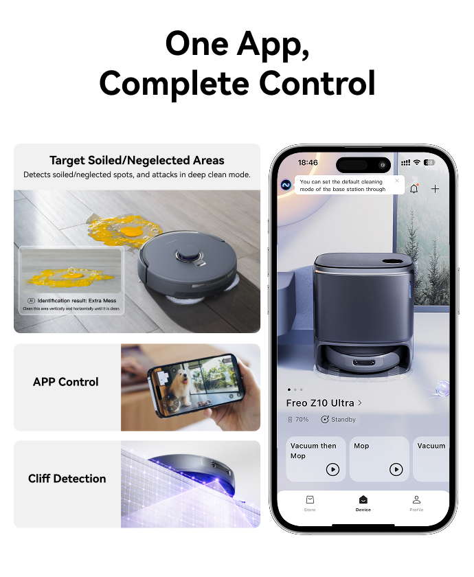 Narwal Freo Z10 Ultra robot vacuum and mop app managing deep-clean targets, pet monitoring, and cliff detection features.
