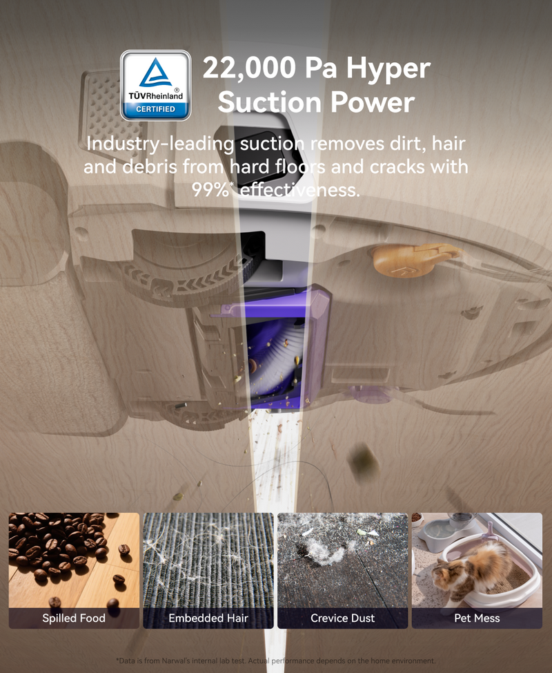Narwal Flow robot vacuum and mop showcasing 22,000Pa suction power for removing food spills, hair, dust, and pet mess.