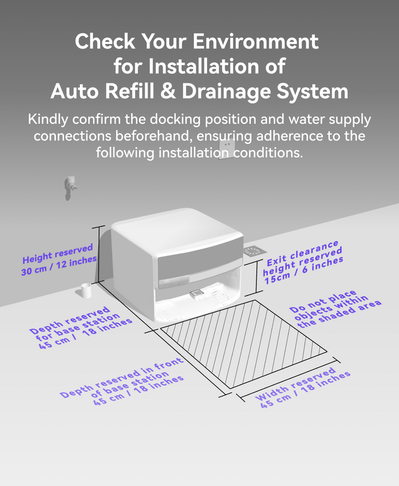 Diagram of an auto refill and drainage system installation with dimensions and clearances.