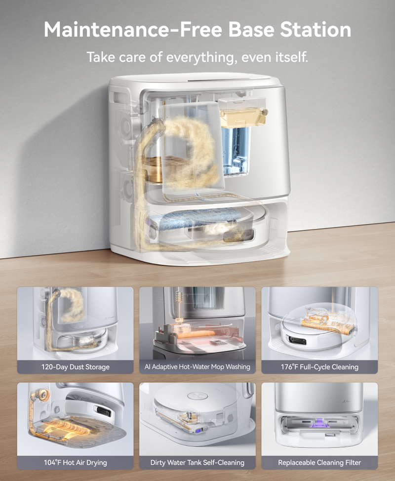 Minimum Maintenance Narwal Flow Base Station with features displayed on a white background