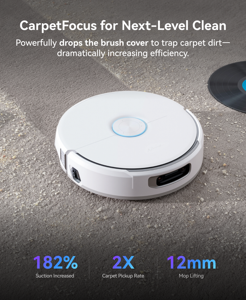 Narwal Flow Robotic vacuum cleaner on a carpet with text highlighting its features.