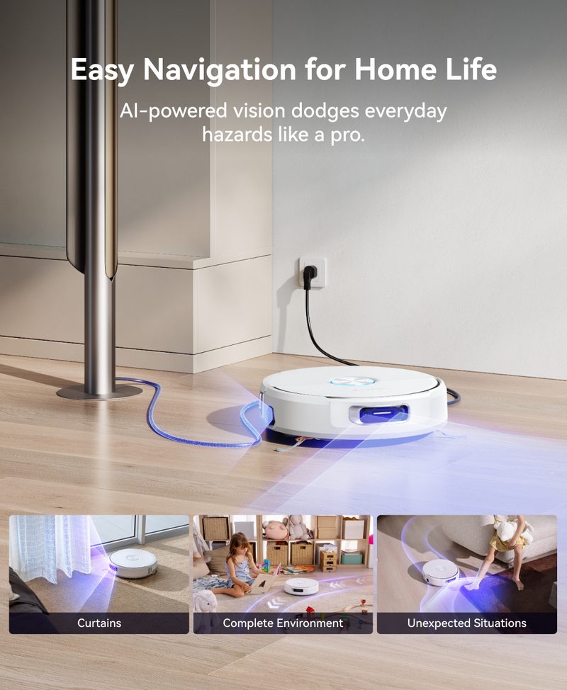Narwal Flow robot vacuum and mop navigating around curtains, toys, and home obstacles with autonomous smart guidance.