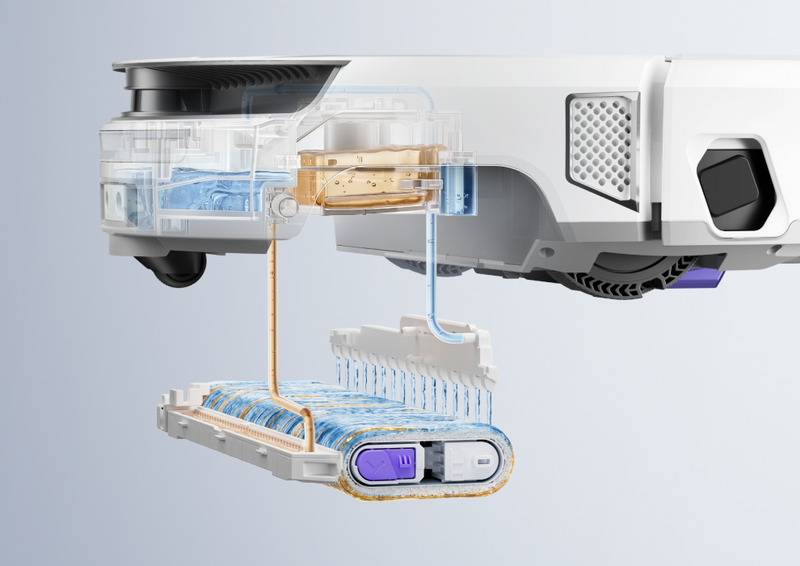 Internal water flow and roller cleaning system of the Narwal Flow robot vacuum and mop shown in cutaway view.