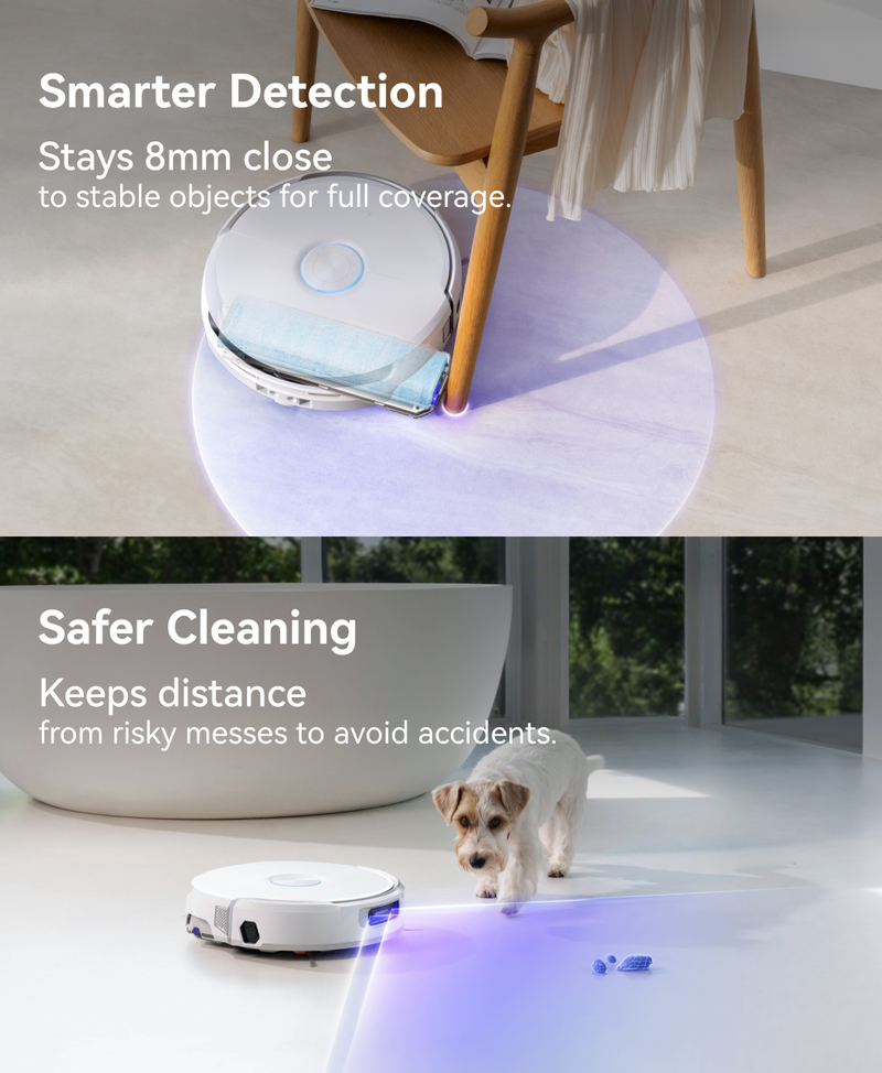 Narwal Flow robot vacuum and mop detecting furniture edges and avoiding pet mess for safer, smarter cleaning.