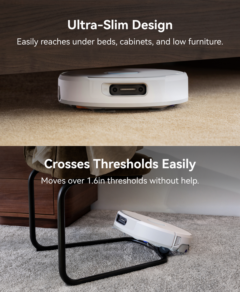 Narwal Flow robot vacuum and mop cleaning under low furniture and crossing thresholds with ease.