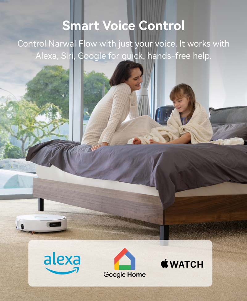 Woman and child sitting on a bed with a Narwal Flow robot vacuum cleaner at their feet, featuring smart voice control technology.